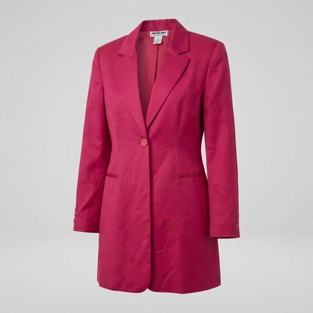 VTG 90s Y2k Newport News 100% Silk Embroidered Long Blazer Hot Pink Magenta 12